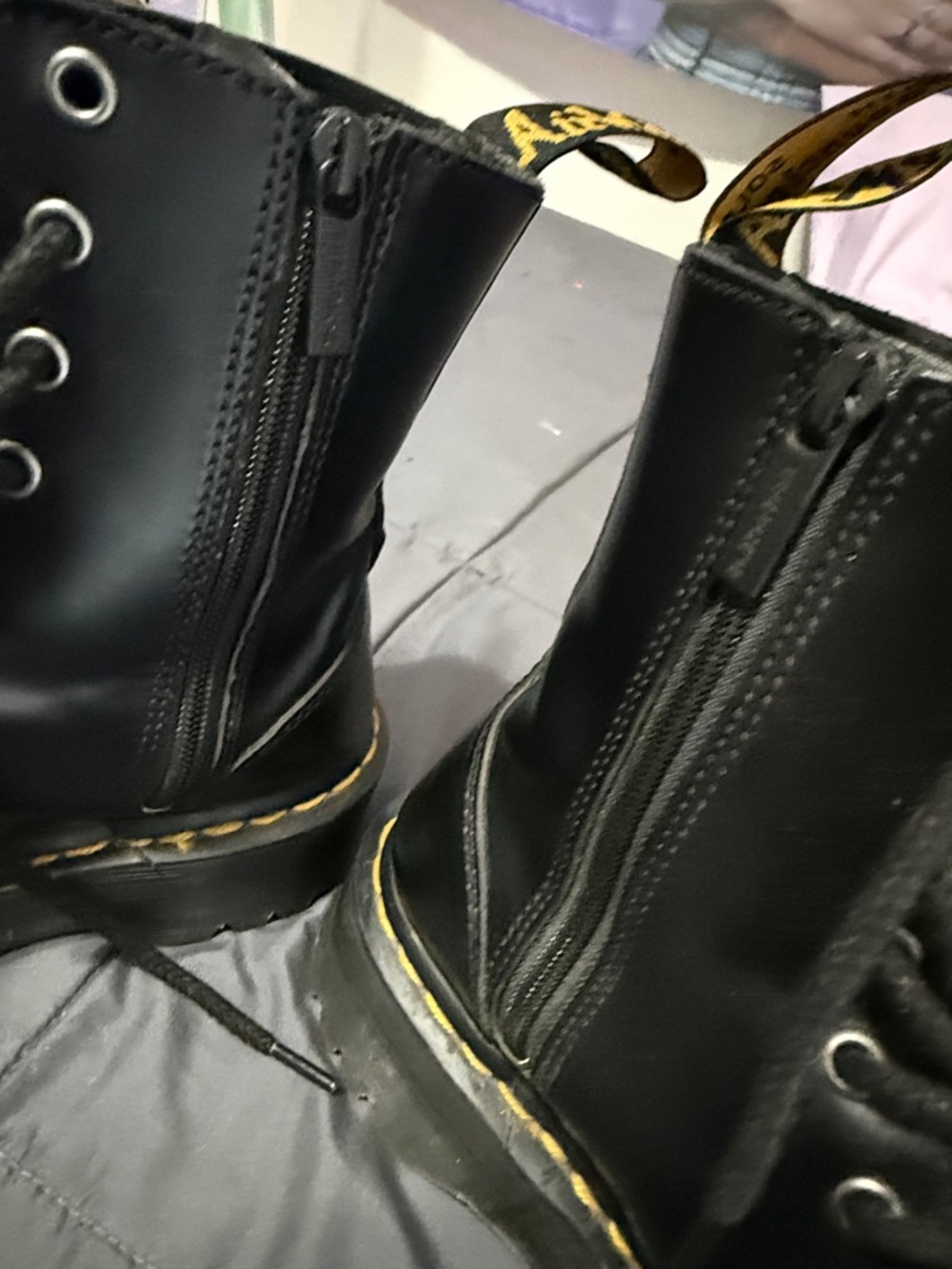 Dr. Martens Black Leather Platform Lace-Up Boots with Yellow Stitching - Picture 10 of 10